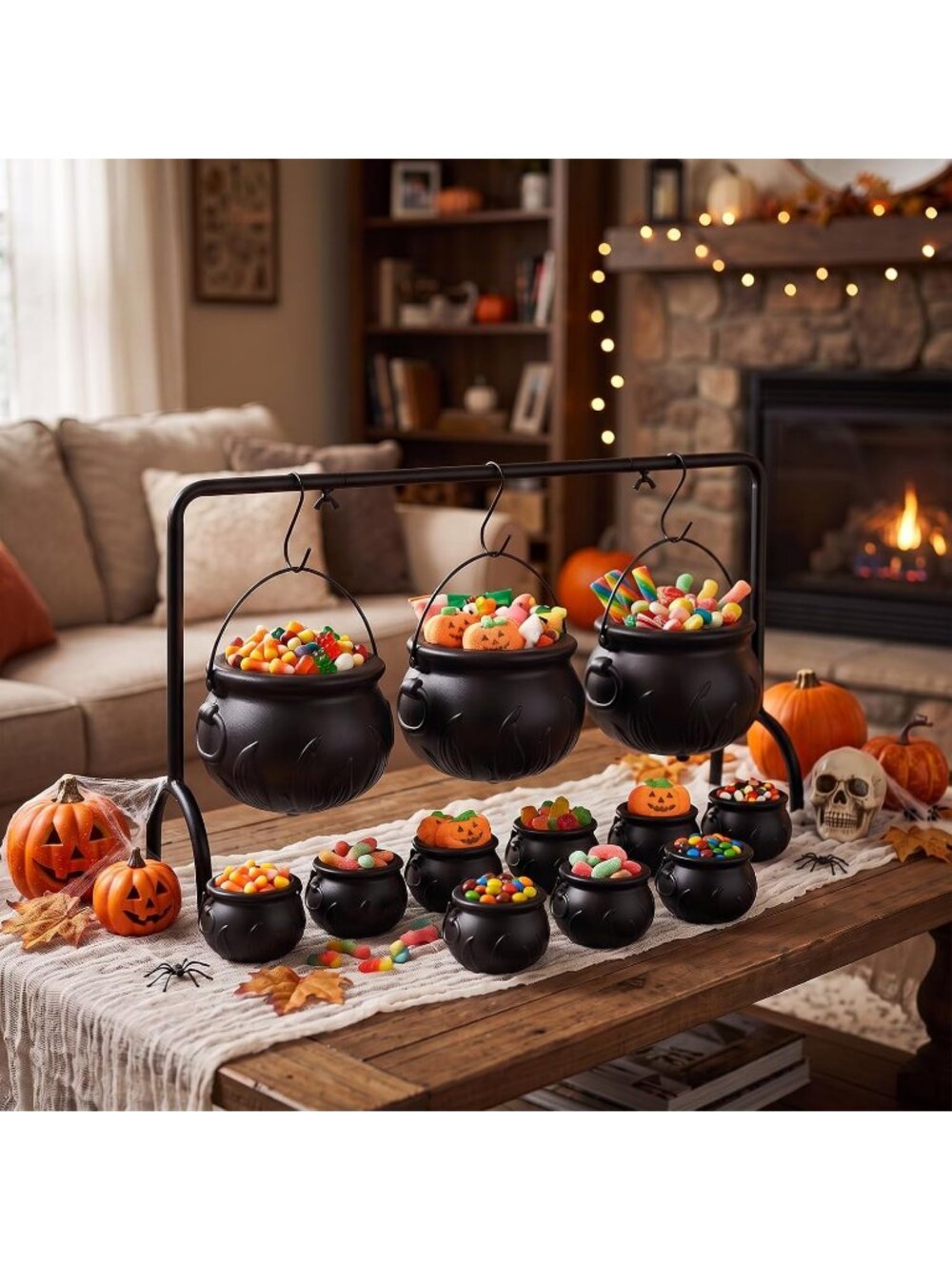 3 Pack Halloween Witches Cauldron with Metal Stand and 9 Mini Pots Candy Bowls